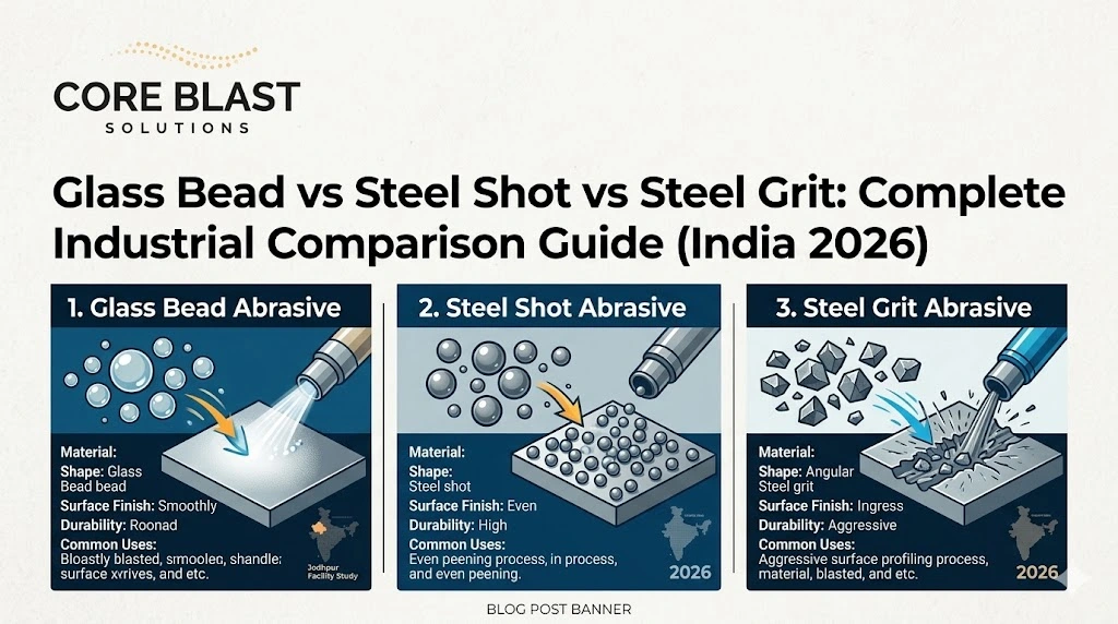 Industrial comparison of Glass Bead, Steel Shot, and Steel Grit abrasive blasting media for Core Blast Solutions India