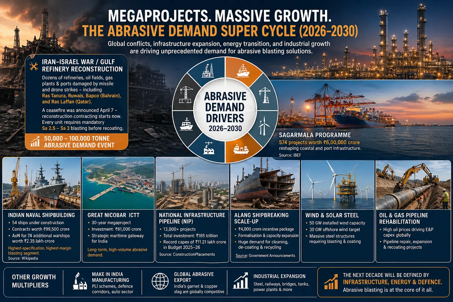 Infographic showing global abrasive demand drivers including Middle East refinery reconstruction, Indian infrastructure projects, naval shipbuilding, and renewable energy expansion