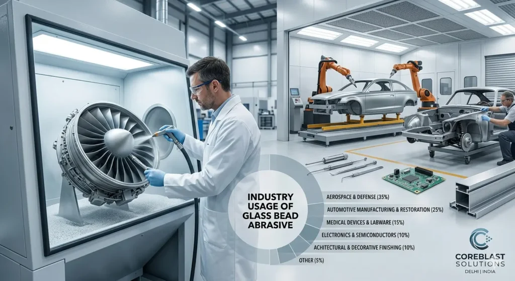 Infographic showing industry usage of glass bead abrasives, highlighting Aerospace at 35% and Automotive at 25%, used for precision cleaning and peening by Coreblast Solutions Delhi."