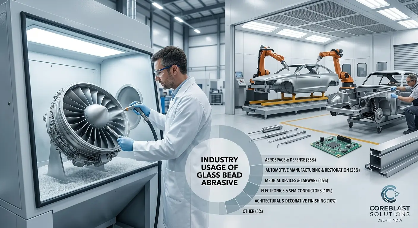 Infographic showing industry usage of glass bead abrasives, highlighting Aerospace at 35% and Automotive at 25%, used for precision cleaning and peening by Coreblast Solutions Delhi."