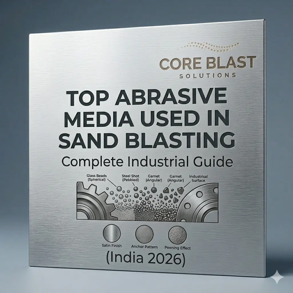 Industrial comparison guide by Core Blast Solutions detailing Glass Bead, Steel Shot, and Steel Grit blasting media with illustrative diagram and finish results.