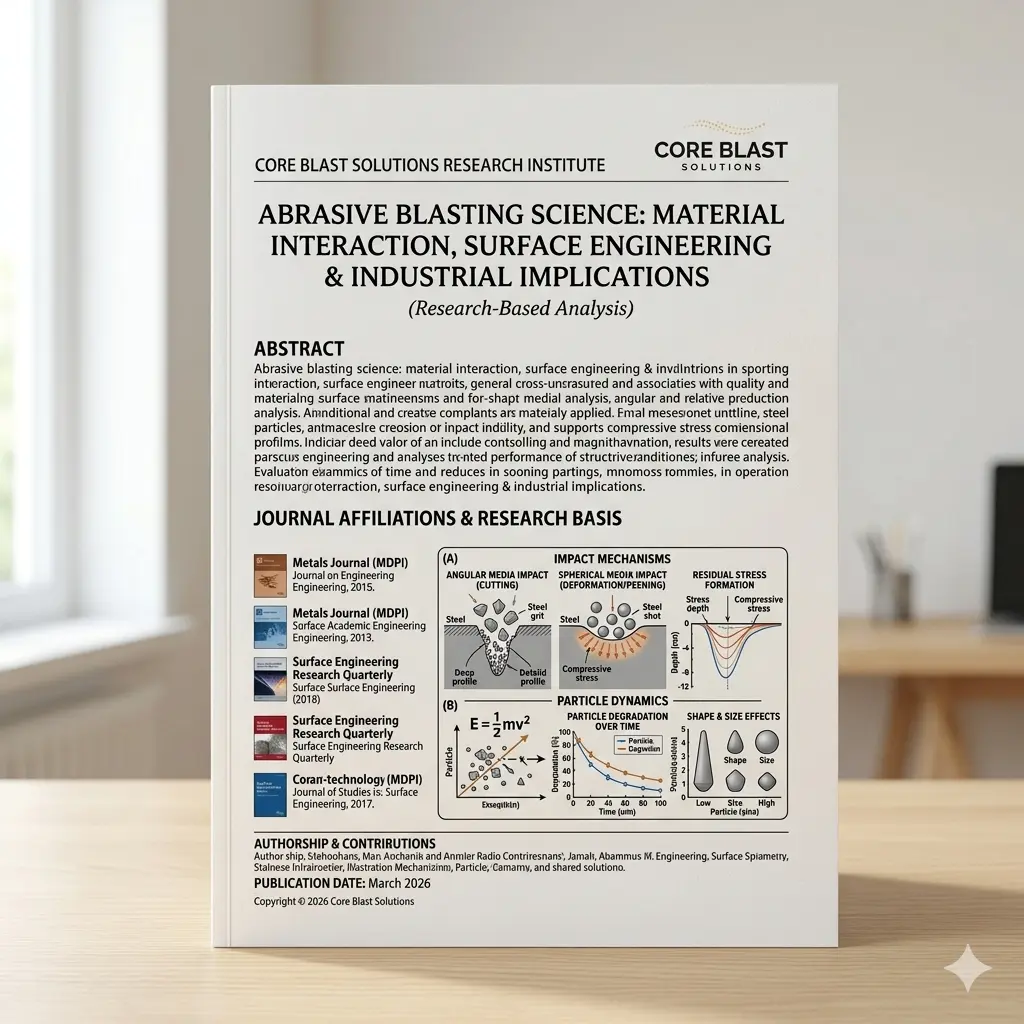 A research paper cover for Core Blast Solutions titled "Abrasive Blasting Science," featuring kinetic energy formulas, residual stress graphs, and impact mechanism diagrams.