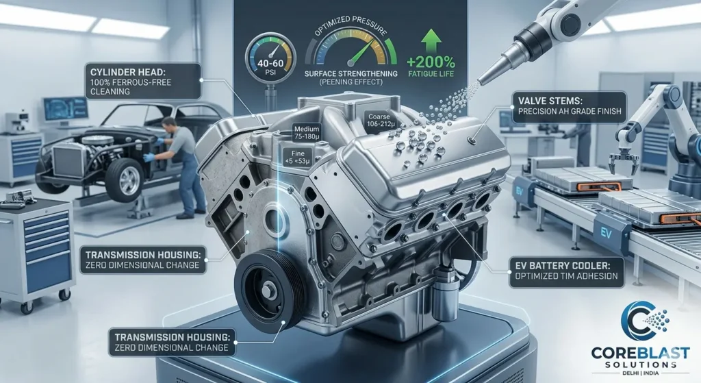 Technical infographic by Coreblast Solutions Delhi showing glass bead blasting on an engine block, highlighting 40-60 PSI pressure, peening effect for 200% fatigue life, and AH grade finish for valve stems