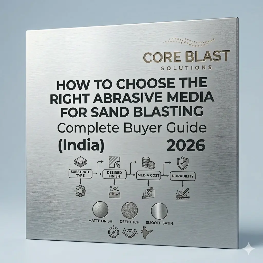 How to Choose the Right Abrasive Media for Sand Blasting (Complete Buyer Guide – India) 3 A decision-making flowchart for choosing blasting media, featuring criteria like substrate type, finish, cost, and durability by Core Blast Solutions.