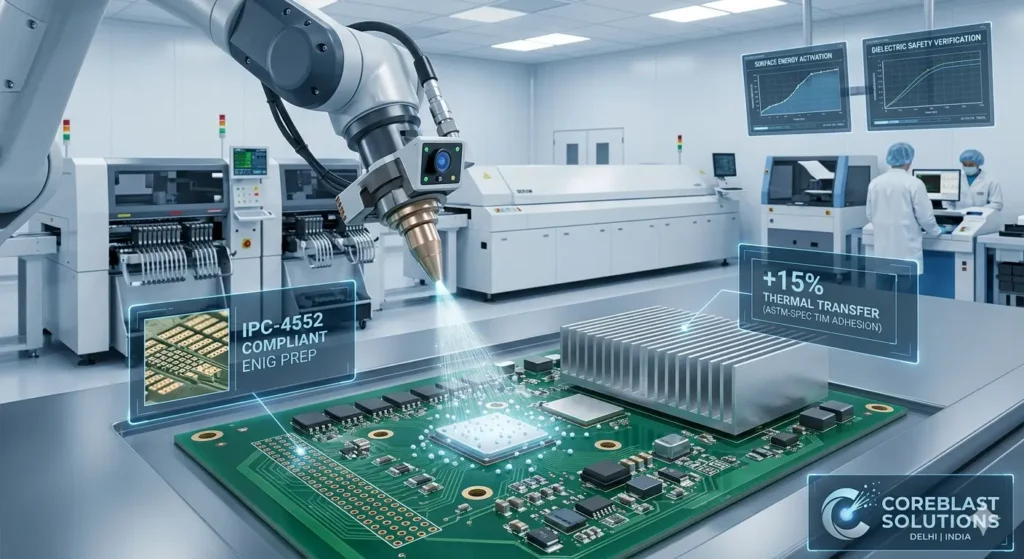 Technical infographic of a robotic micro-blaster finishing a high-density PCB, highlighting IPC-4552 compliance, surface energy activation, and +15% thermal transfer by Coreblast Solutions Delhi