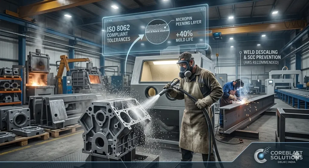 Technical infographic of a foundry worker using glass bead blasting on a grey iron casting, highlighting ISO 8062 compliance and surface peening data by Coreblast Solutions Delhi.