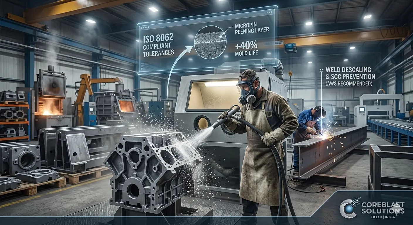Maximizing Die Life and Reducing Rework: The Strategic Role of Glass Abrasives in 2026 Metal Fabrication 1 Technical infographic of a foundry worker using glass bead blasting on a grey iron casting, highlighting ISO 8062 compliance and surface peening data by Coreblast Solutions Delhi.