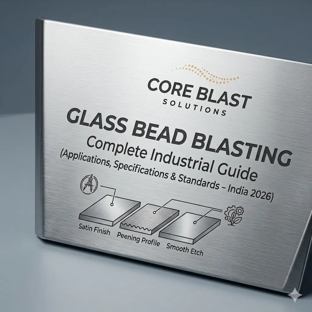 Technical guide for Glass Bead Blasting by Core Blast Solutions, showing surface finish profiles including Satin Finish, Peening Profile, and Smooth Etch.