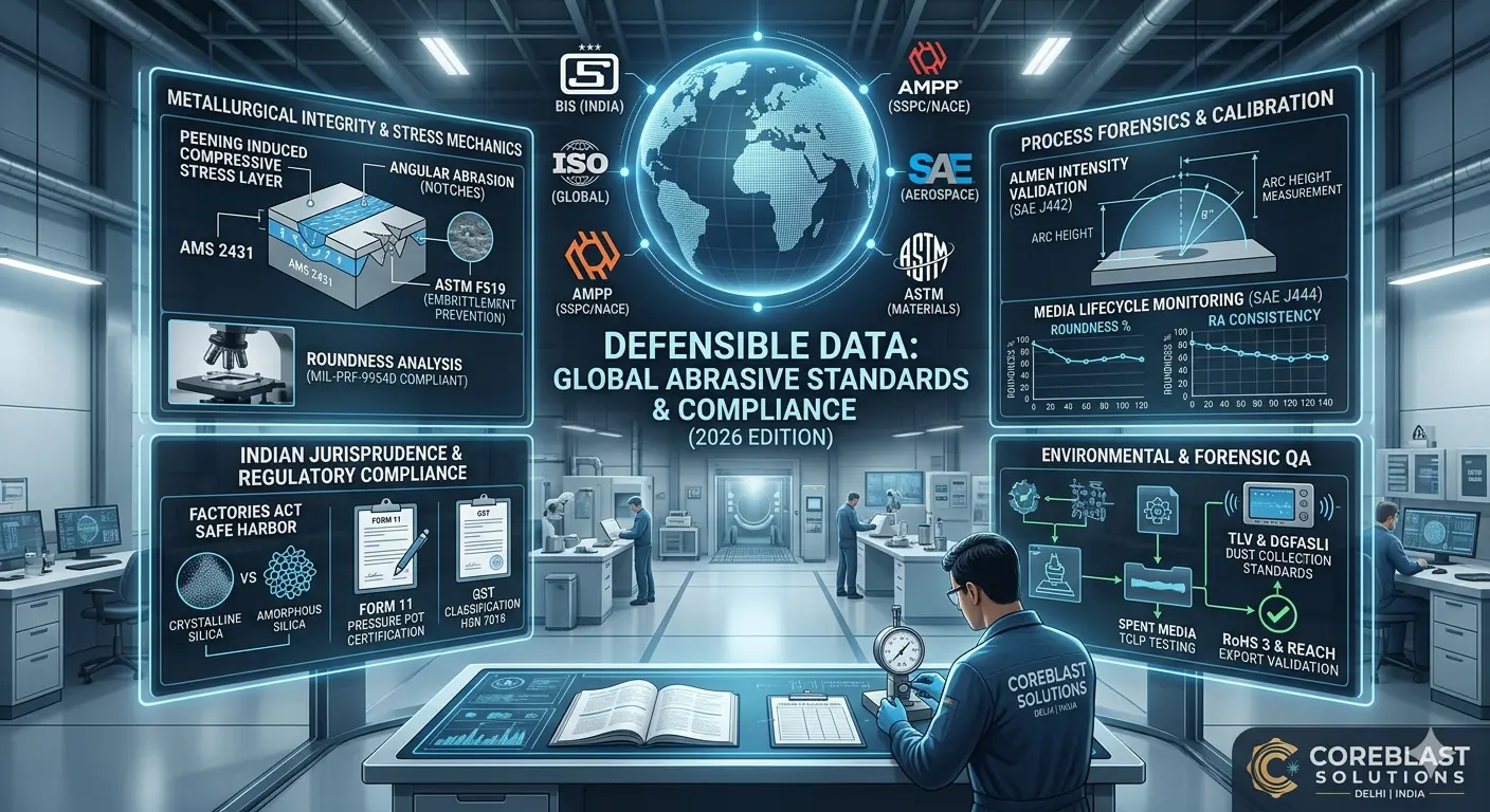 Technical infographic of industrial abrasive standards, comparing Indian BIS, Global ISO, and US SSPC/NACE compliance, highlighting Almen Intensity, metallurgical peening effects, and waste management forensics by Coreblast Solutions Delhi