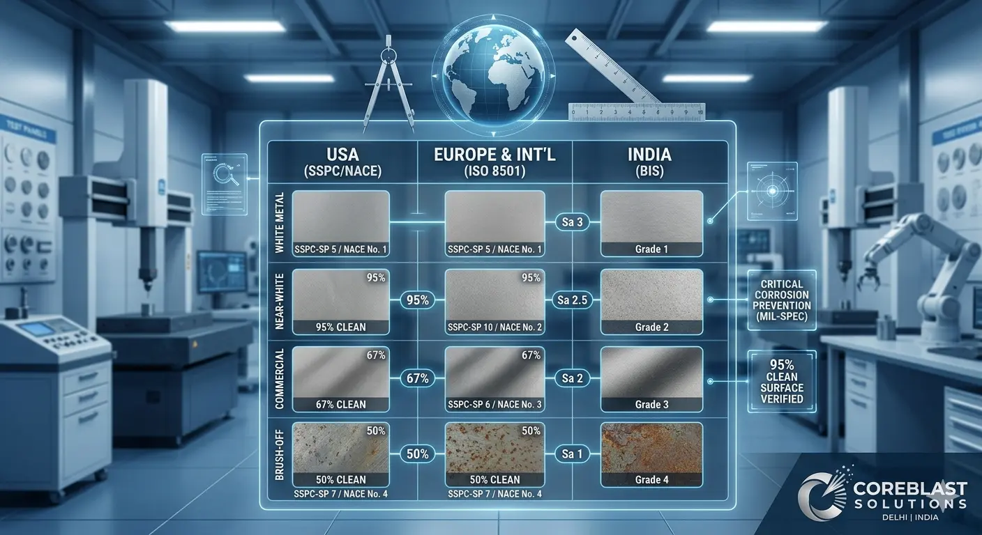 The Global Blueprint: A Technical Guide to Surface Preparation and Abrasive Standards 1 Technical infographic comparing international blasting standards, visualizing visual equivalency between ISO 8501 Sa 3, Sa 2.5, Sa 2, SSPC-SP 5, SP 10, SP 6, and Indian Grade 1, Grade 2, Grade 3 by Coreblast Solutions Delhi