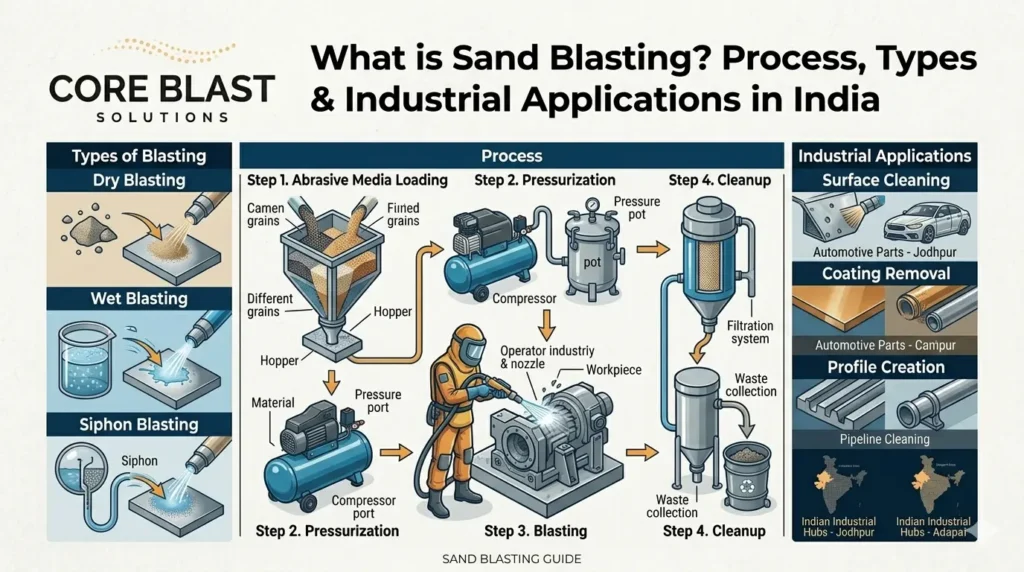 Comprehensive diagram of the sand blasting process, including dry, wet, and siphon blasting types for industrial applications in India.