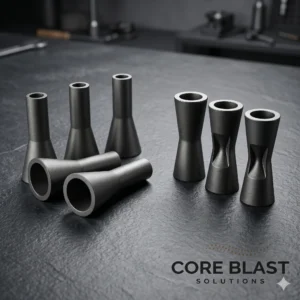 A collection of various industrial sand blasting nozzle models, including venturi, flared, and straight bore tungsten carbide nozzles by Core Blast Solutions.