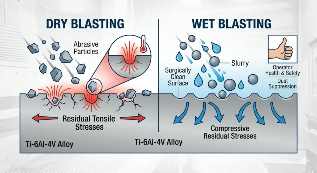 Technical illustration of dry blasting creating tensile stress and heat versus wet blasting creating compressive stress, a surgically clean surface, and dust suppression on a titanium alloy substrate